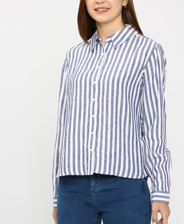 Women Grey Striped Cotton Shirt