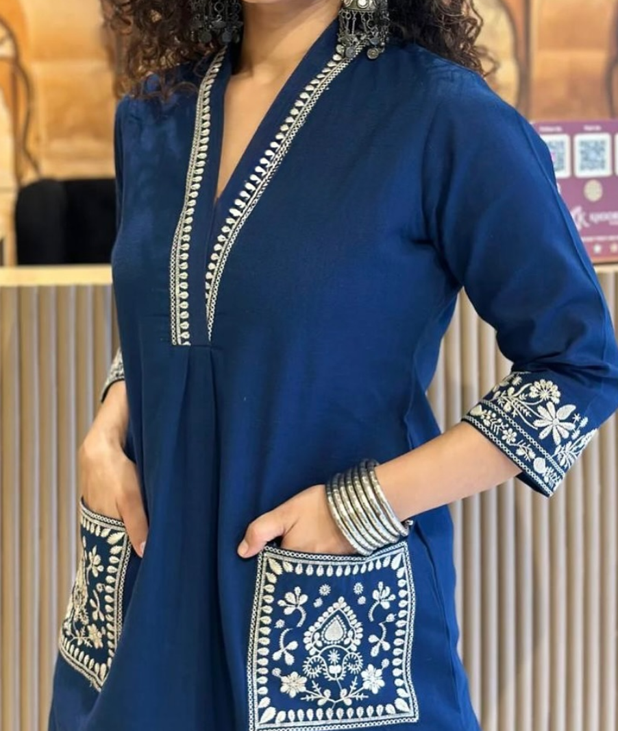 Blue Embroidered Cotton Kurta Set