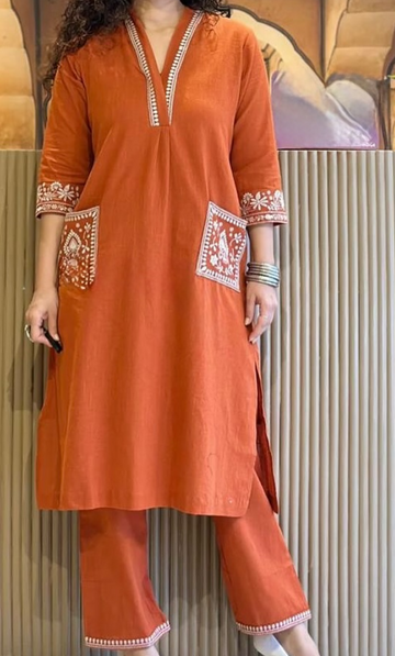 Rust Orange Embroidered Cotton Kurta Set