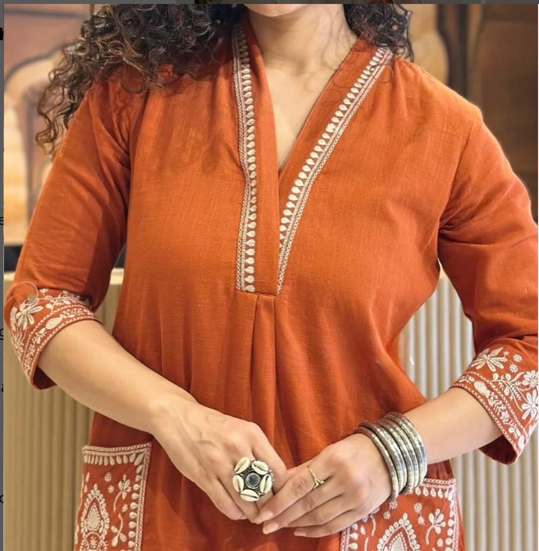 Rust Orange Embroidered Cotton Kurta Set