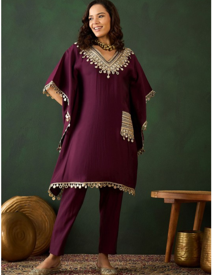 Mirror Work Kaftan  Silk Cord Set