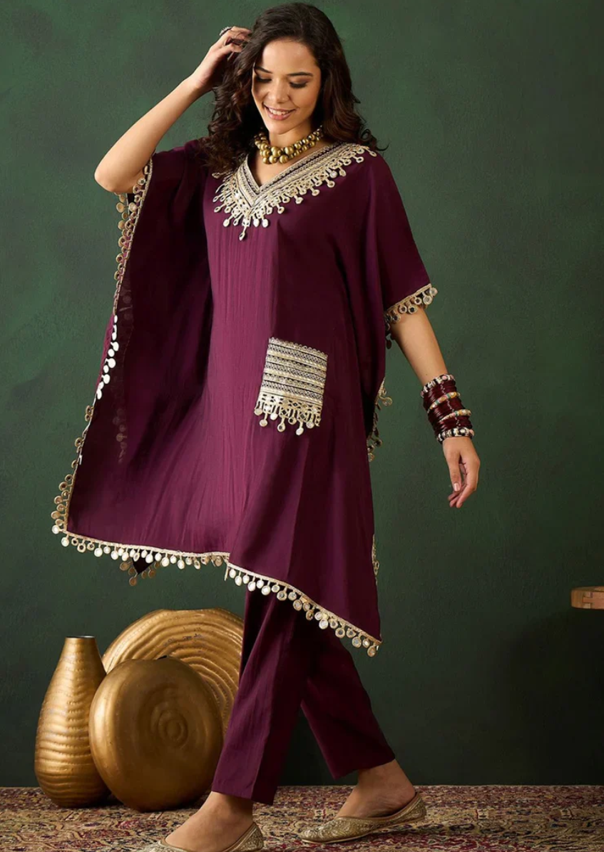 Mirror Work Kaftan  Silk Cord Set