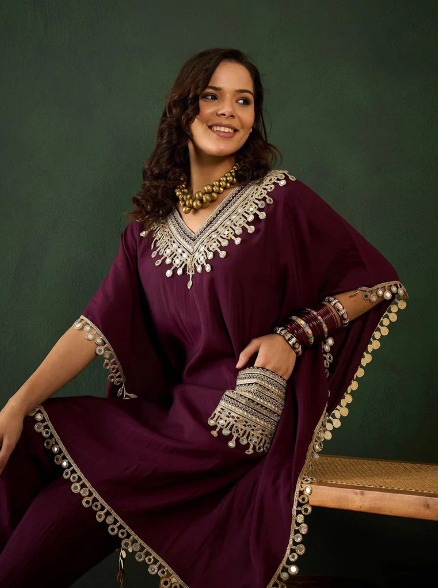 Mirror Work Kaftan  Silk Cord Set