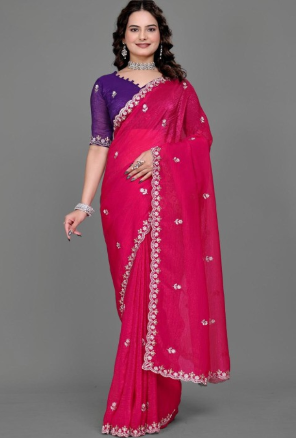 Chiffon Crush Silk Saree with Embroidery