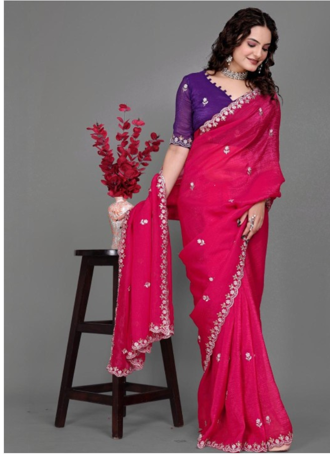 Chiffon Crush Silk Saree with Embroidery