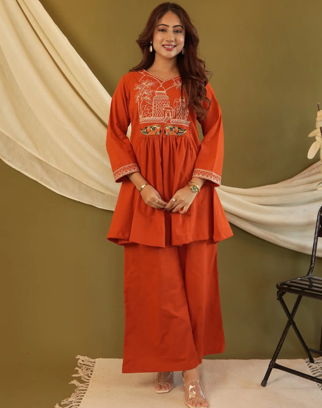 Rust Orange Embroidered Cotton Co-Ord Set
