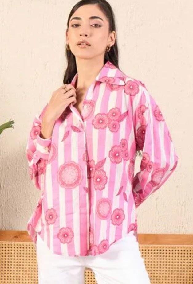 Pink Flower Printed Asymmetrical Cotton Shirt