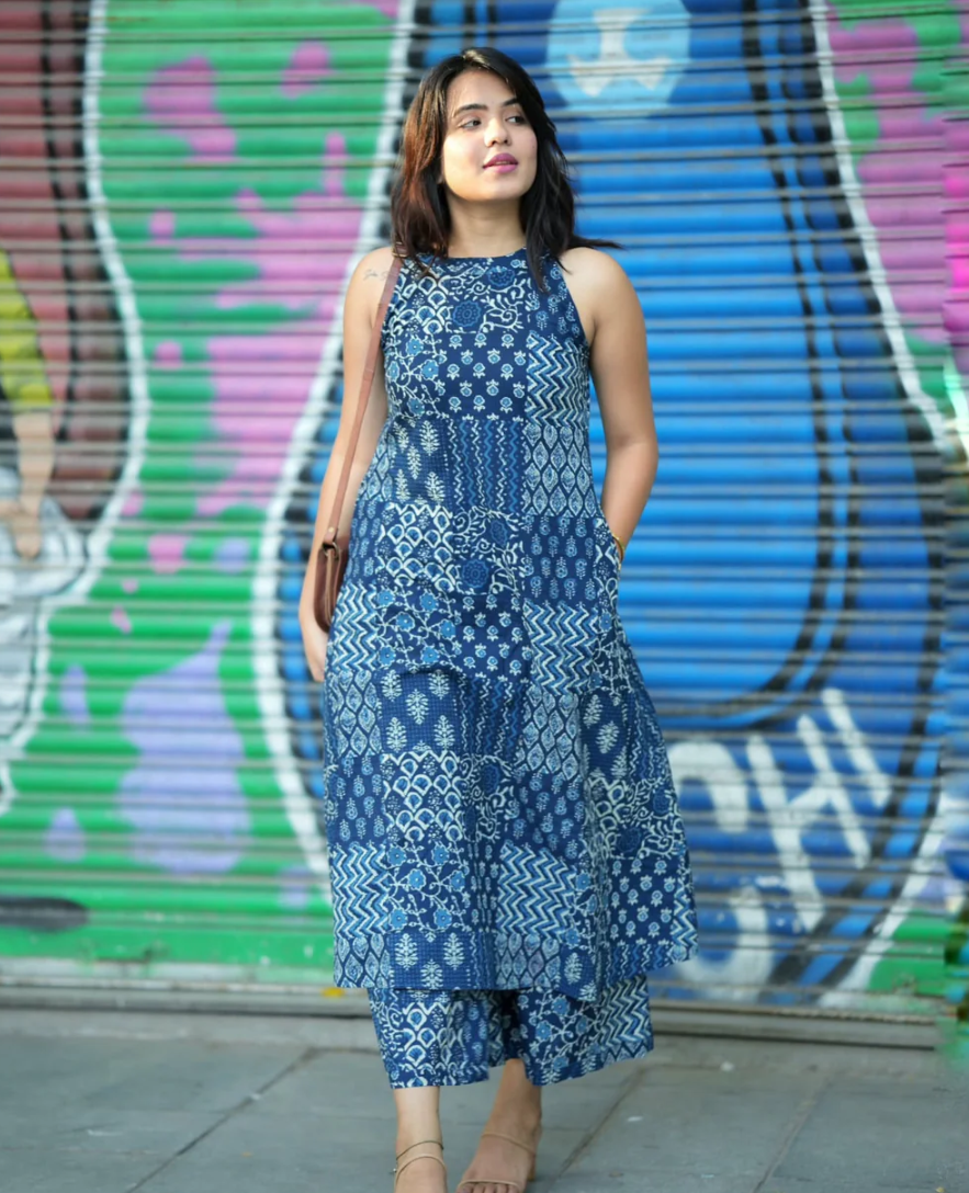 Blue Printed Cotton Kurta Set