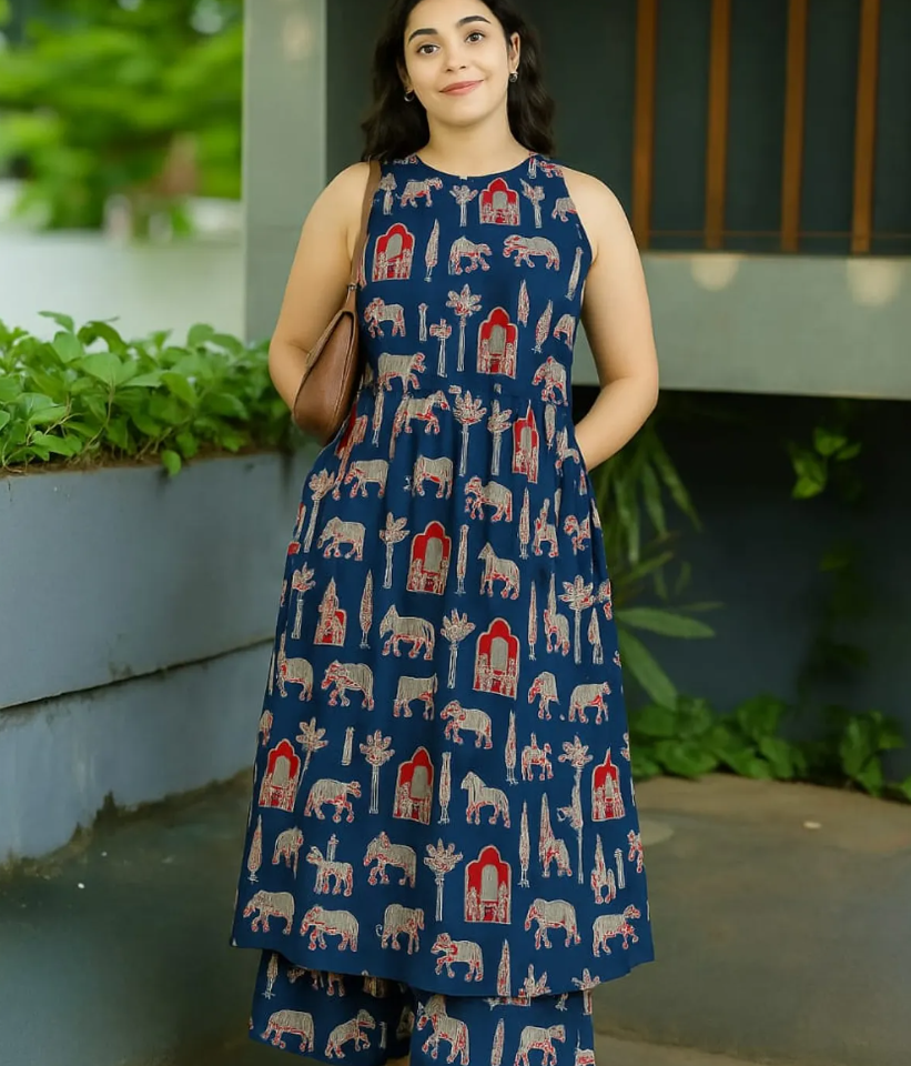 Blue Printed Cotton Kurta Set