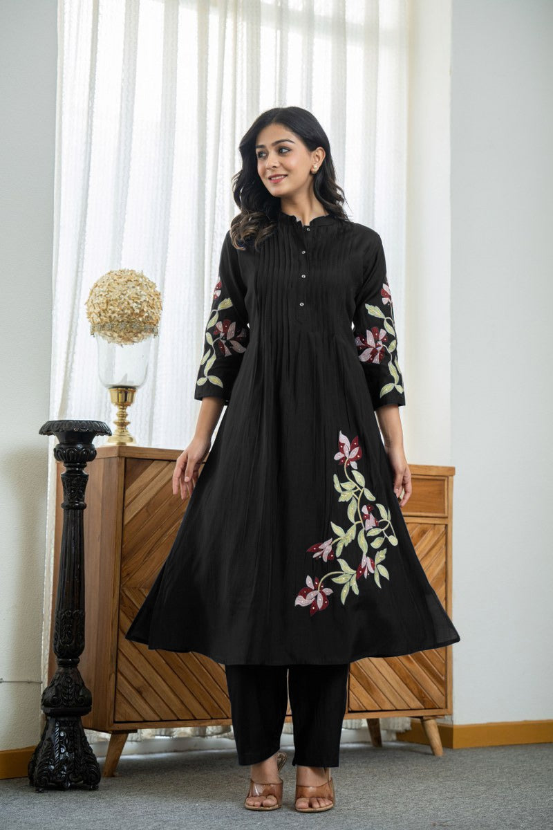 Black Cotton Embroidery Kurta Set