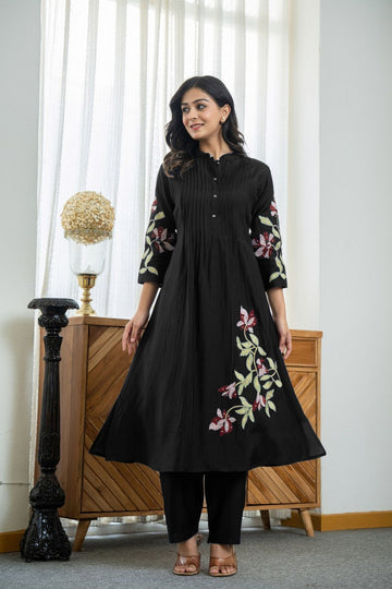 Black Cotton Embroidery Kurta Set