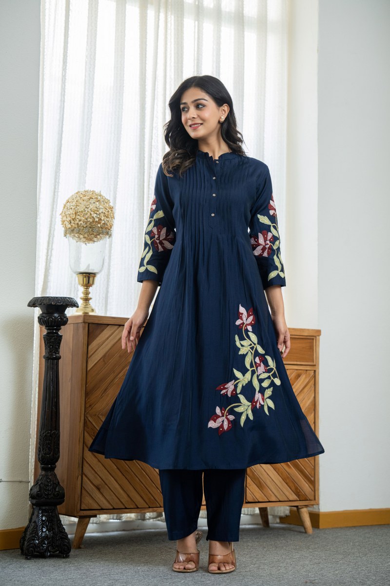 Blue Cotton Embroidery Kurta Set