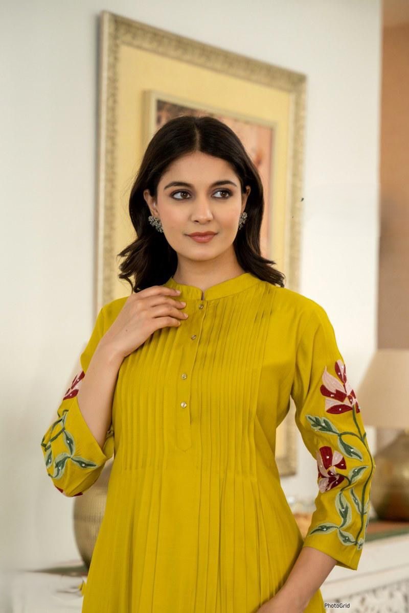 Mustard Yellow Cotton Embroidery Kurta Set