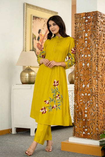 Mustard Yellow Cotton Embroidery Kurta Set