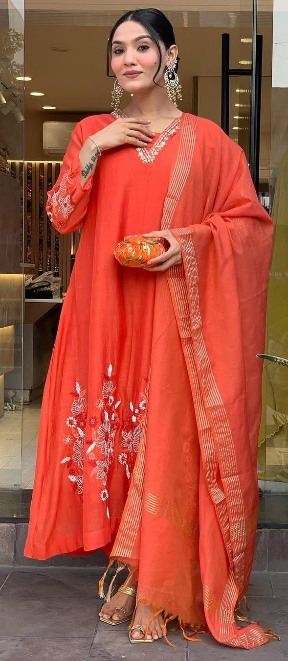 Stylish Embroidery  Anarkali 3pcs Suit Set