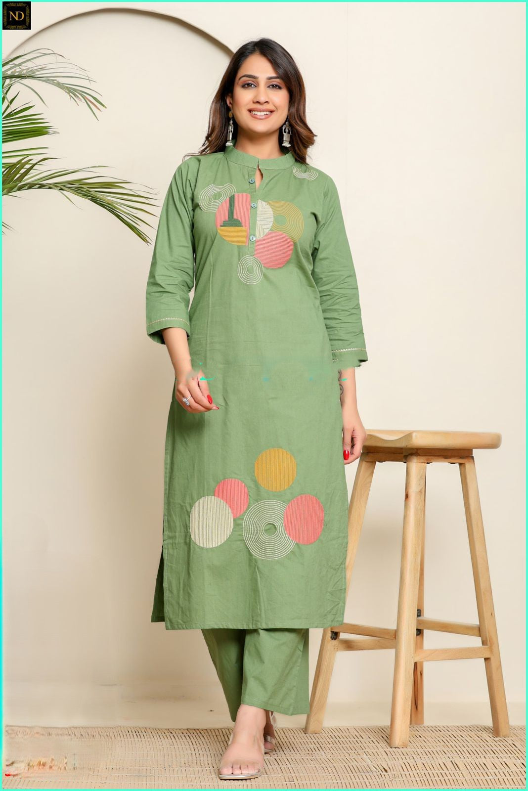 Green Embroidery Cotton Kurta Set