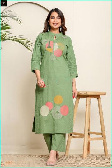 Green Embroidery Cotton Kurta Set