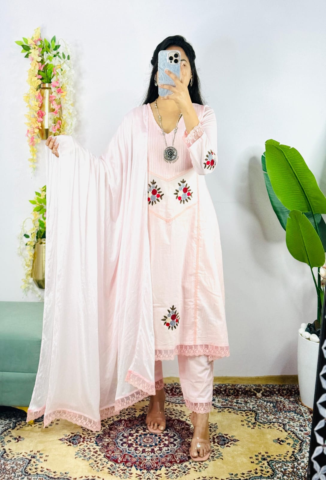 Elegant Anarkali Pink Cotton 3pc Suit Set