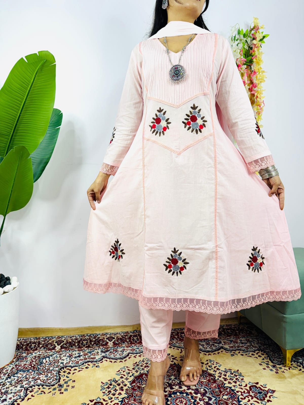 Elegant Anarkali Pink Cotton 3pc Suit Set