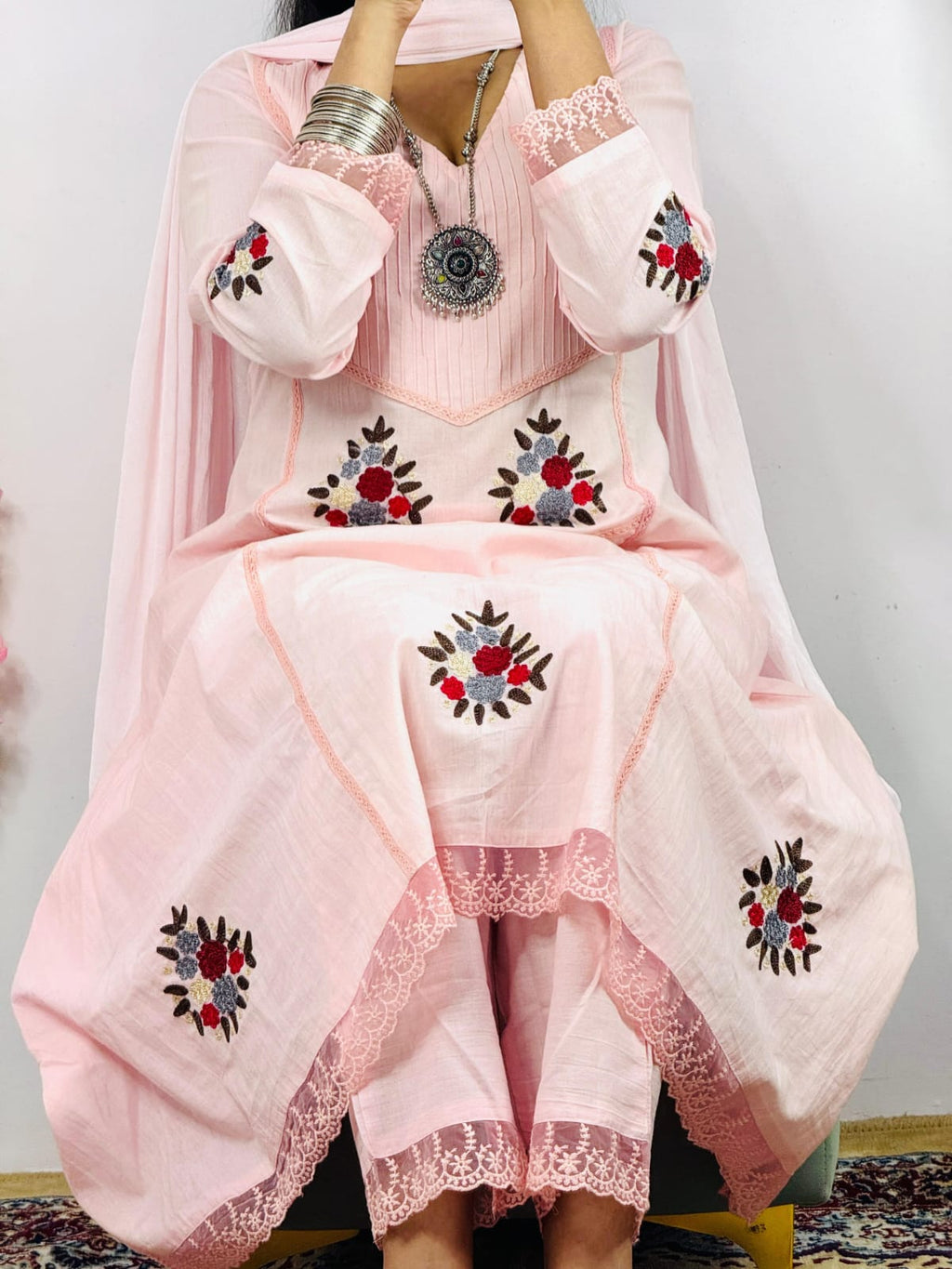 Elegant Anarkali Pink Cotton 3pc Suit Set