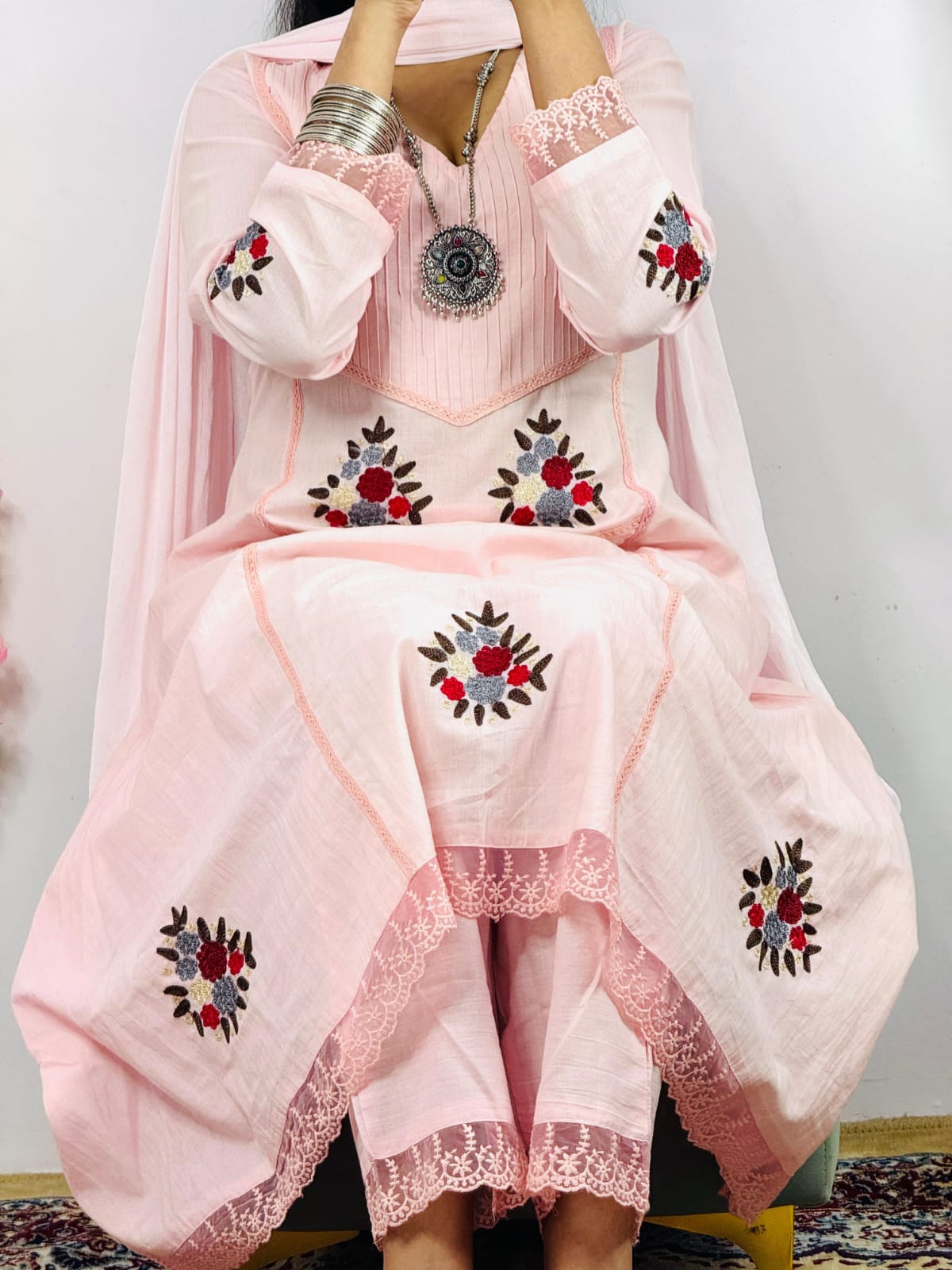 Elegant Anarkali Pink Cotton 3pc Suit Set