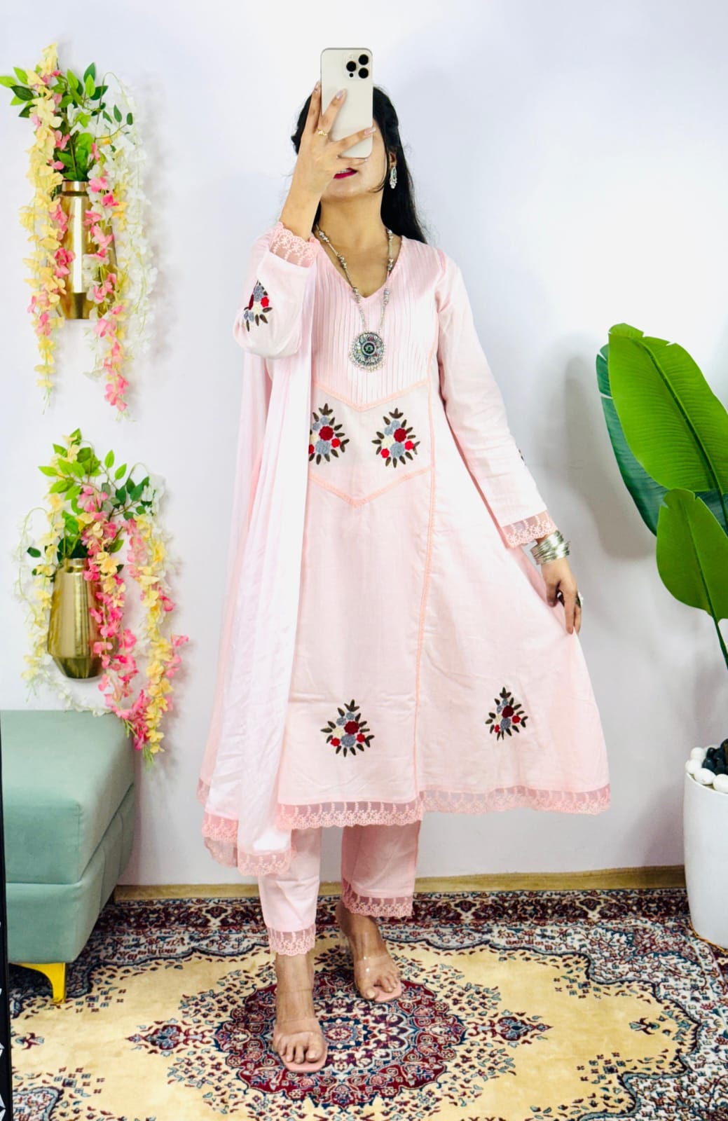 Elegant Anarkali Pink Cotton 3pc Suit Set