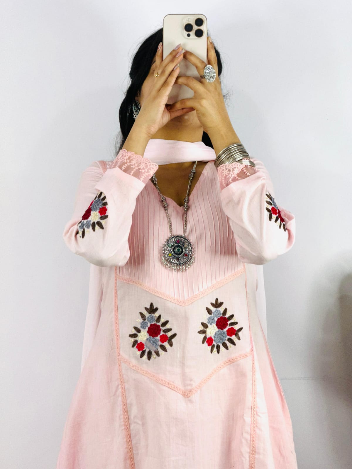 Elegant Anarkali Pink Cotton 3pc Suit Set