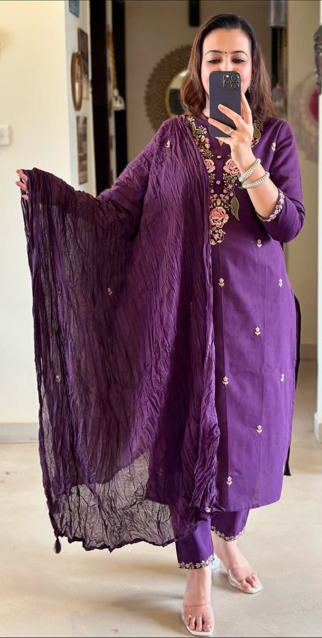 Graceful Purple  Embroidered 3pc Suit Set