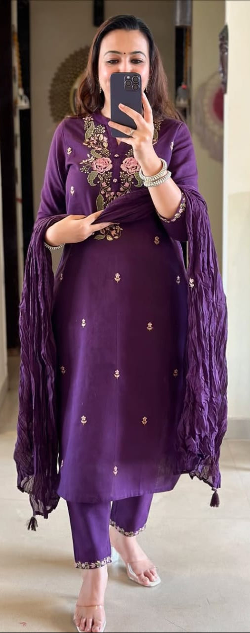 Graceful Purple  Embroidered 3pc Suit Set
