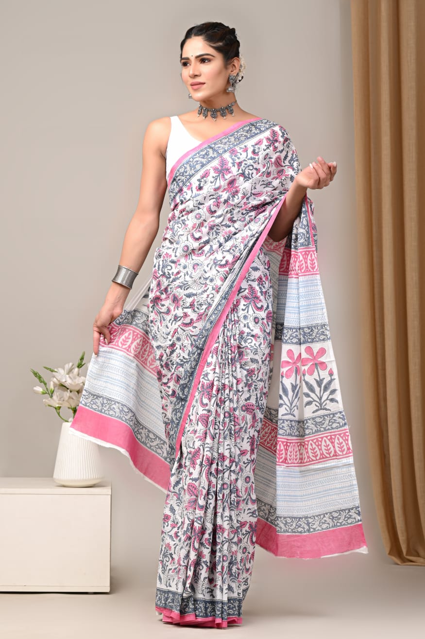 Hand Block Printed Cotton Mulmul Saree