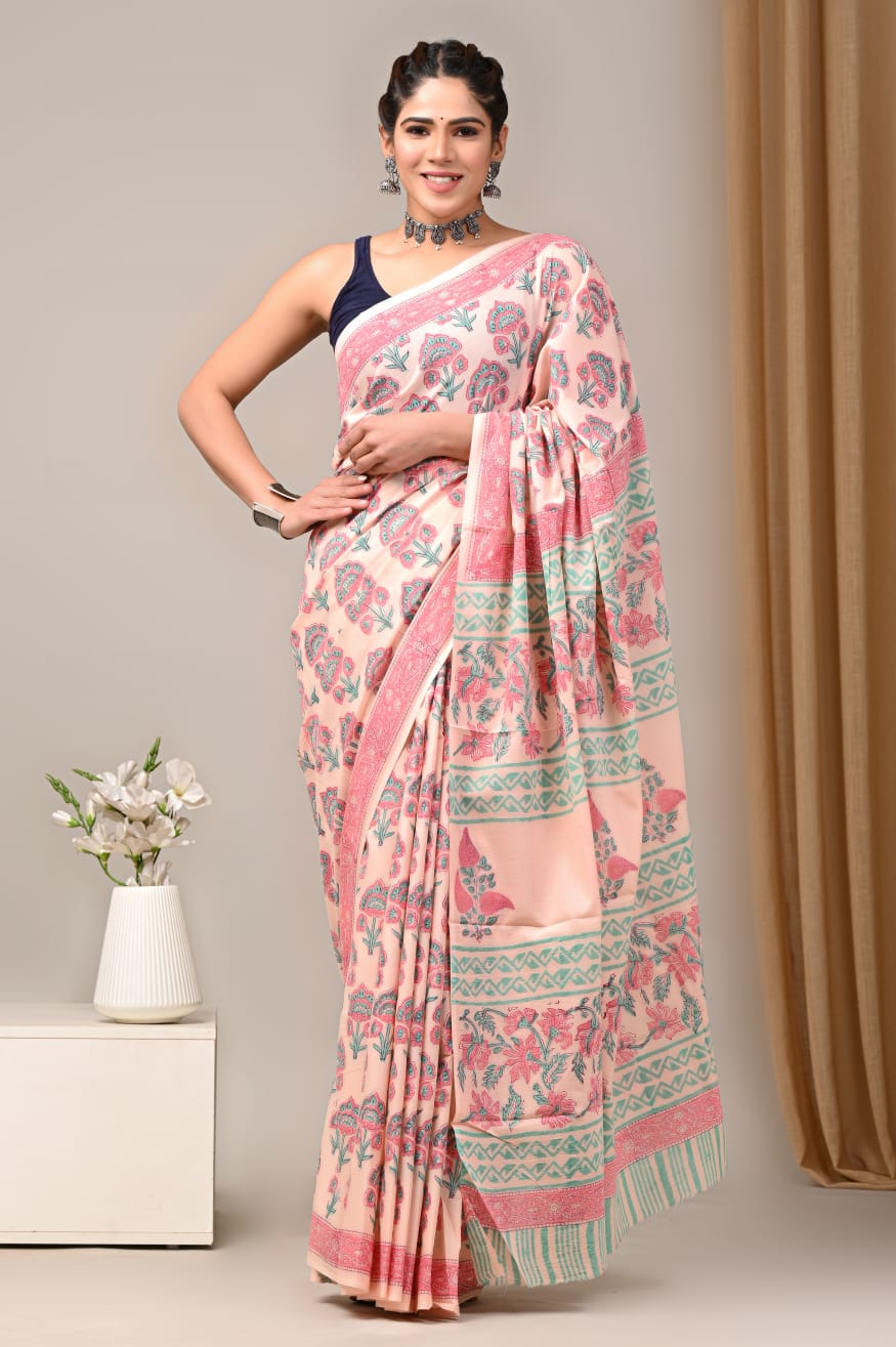 Hand Block Printed Cotton Mulmul Saree