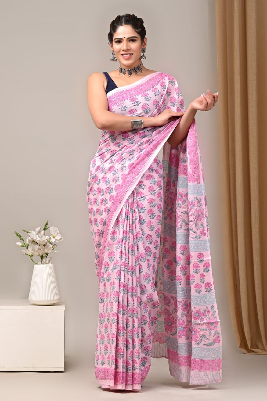 Hand Block Printed Cotton Mulmul Saree