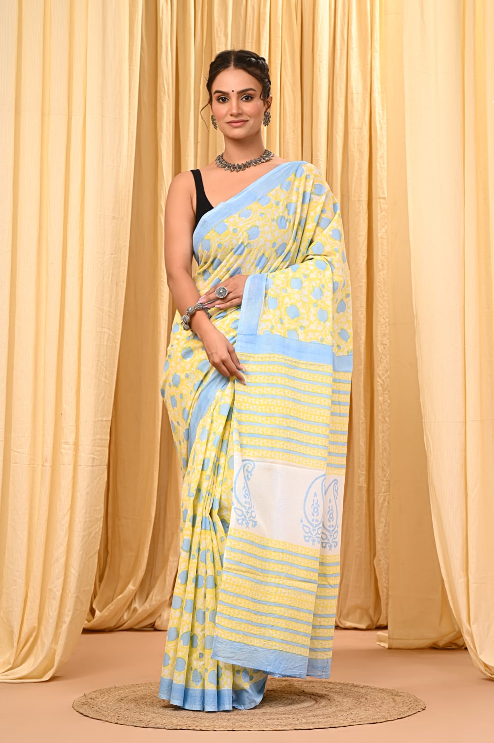 Hand Block Printed Cotton Mulmul Saree