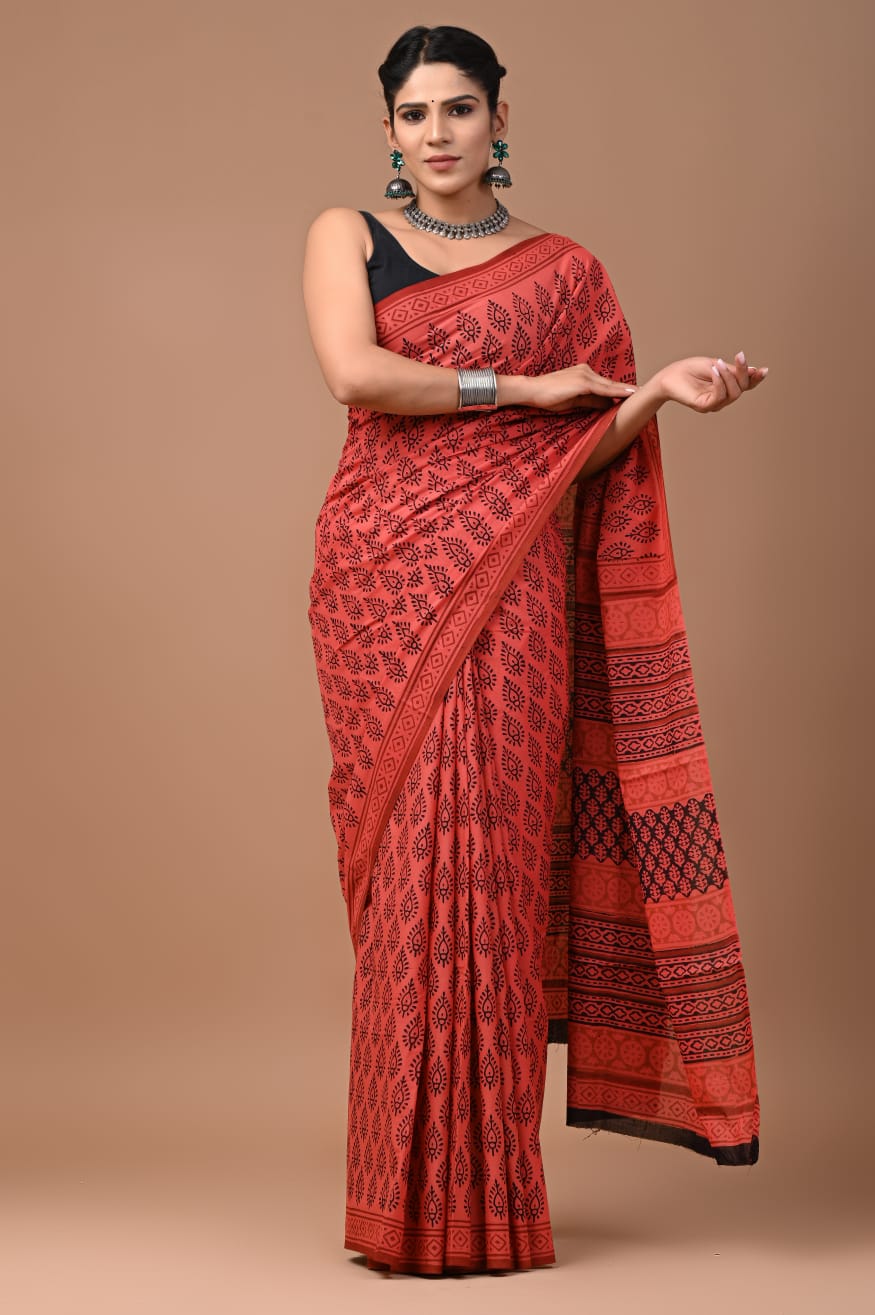 Hand Block Printed Cotton Mulmul Saree