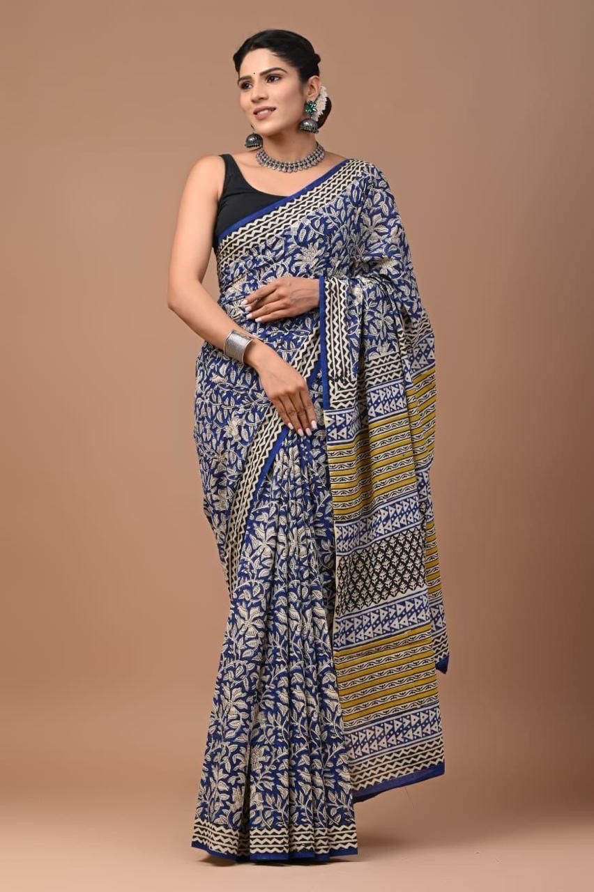 Hand Block Printed Cotton Mulmul Saree