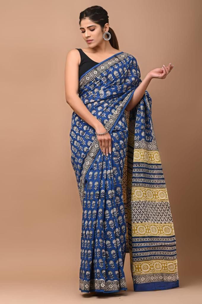 Hand Block Printed Cotton Mulmul Saree