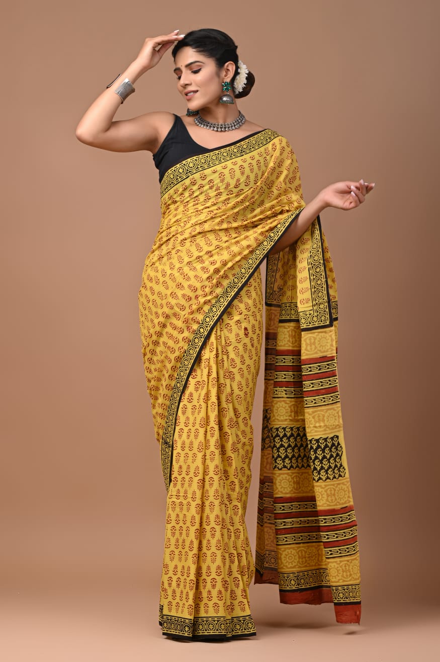 Hand Block Printed Cotton Mulmul Saree