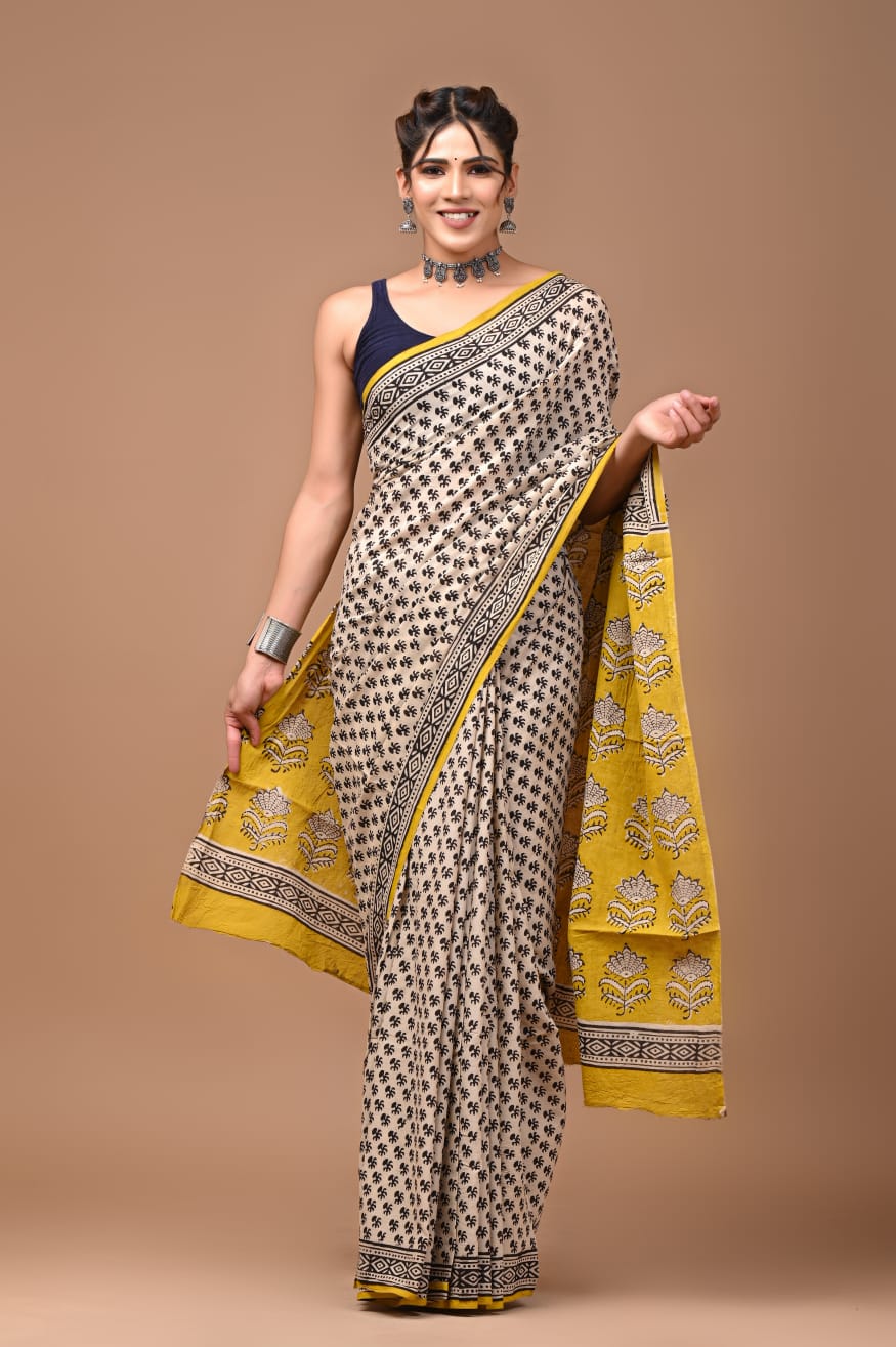 Hand Block Printed Cotton Mulmul Saree