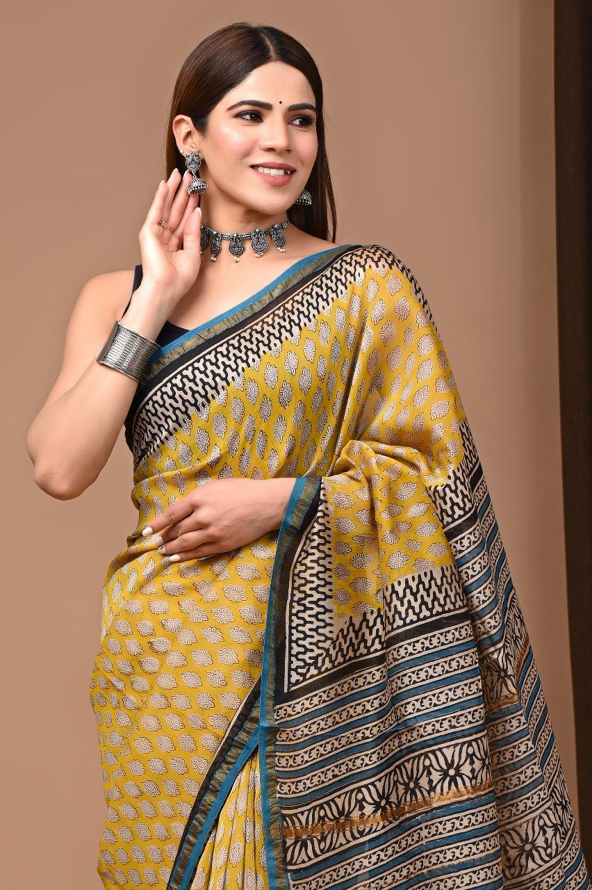 Chanderi Silk Hand Block Printed Saree