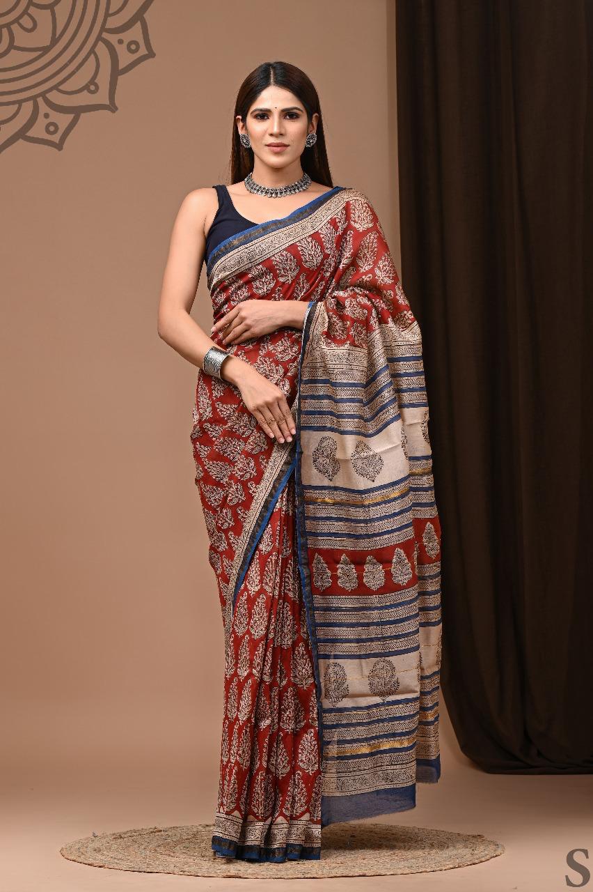 Chanderi Silk Hand Block Printed Saree