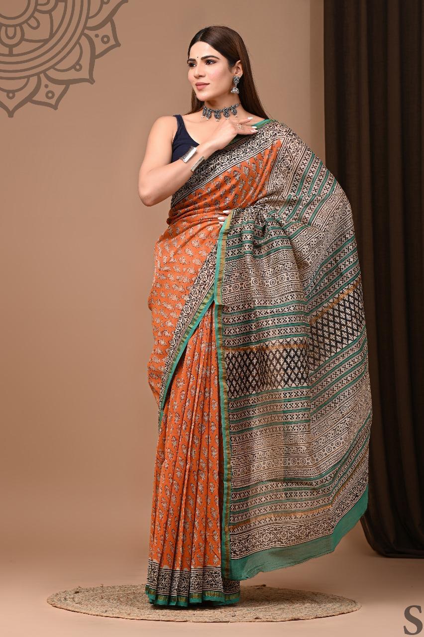 Chanderi Silk Hand Block Printed Saree