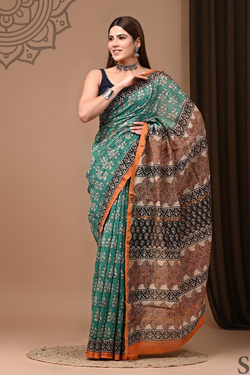 Chanderi Silk Hand Block Printed Saree