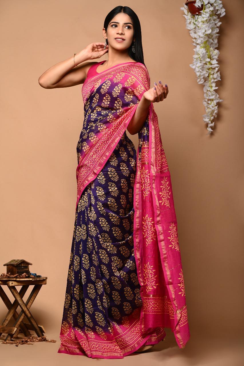 Chanderi Silk Hand Block Printed Saree