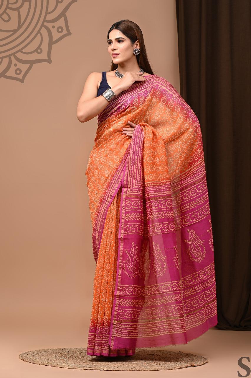 Chanderi Silk Hand Block Printed Saree