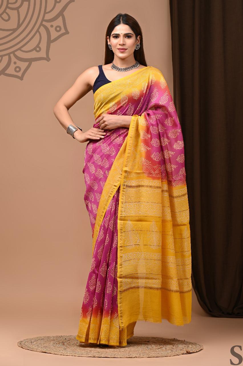 Chanderi Silk Hand Block Printed Saree