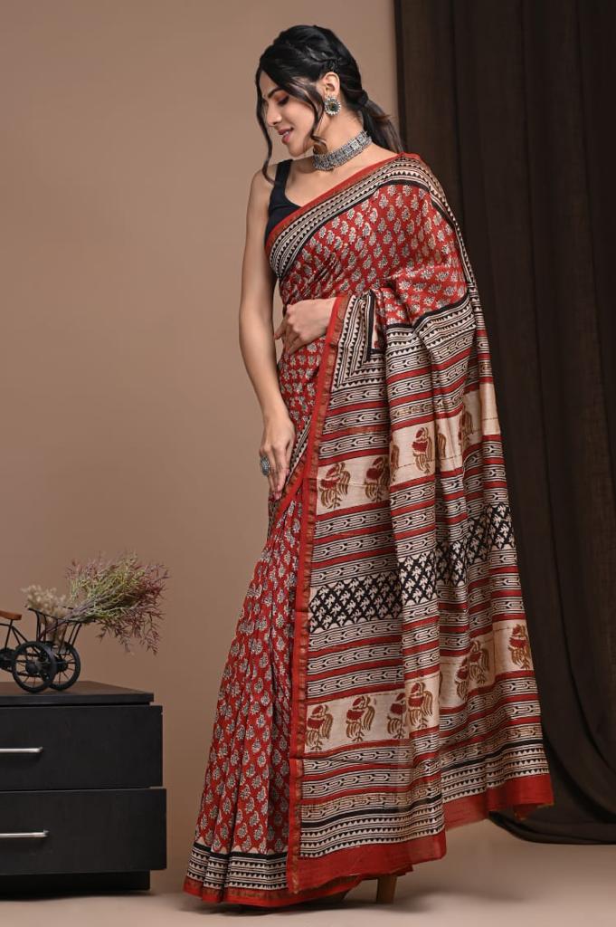 Chanderi Silk Hand Block Printed Saree