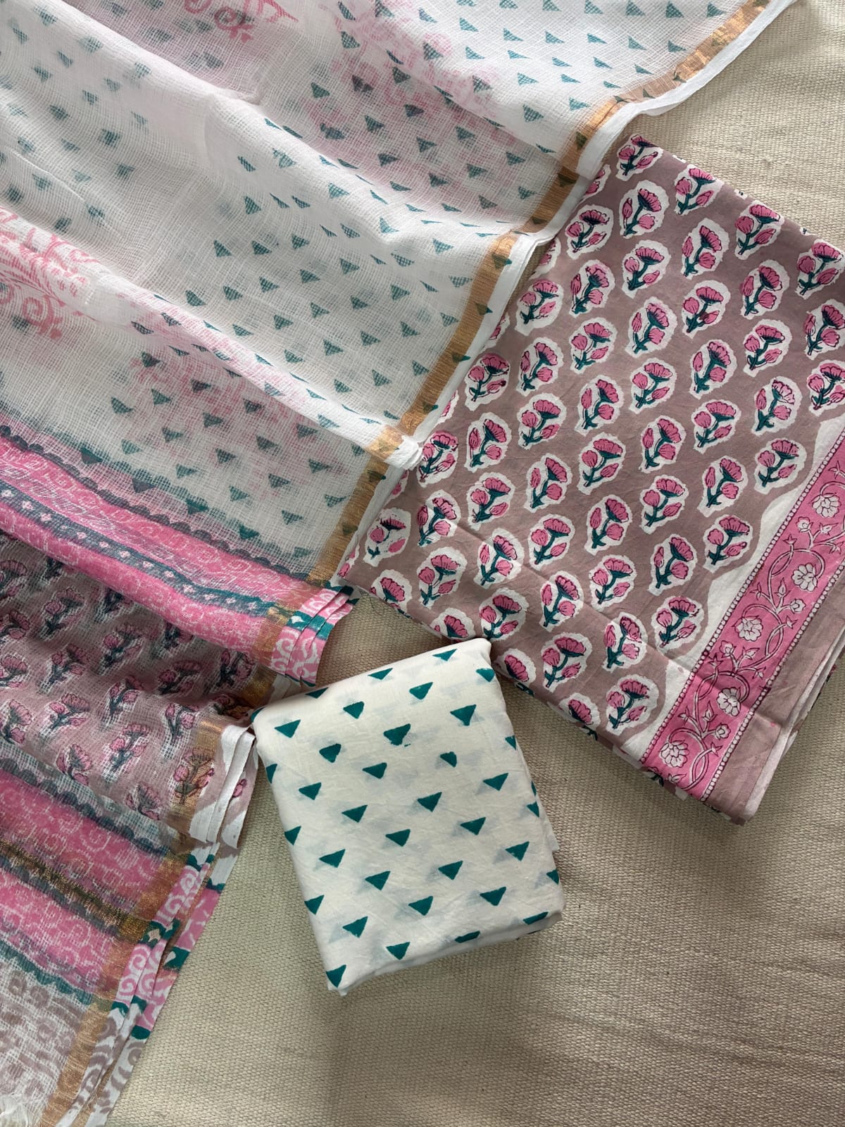 Hand Block Cotton Suit with Kota Dupatta