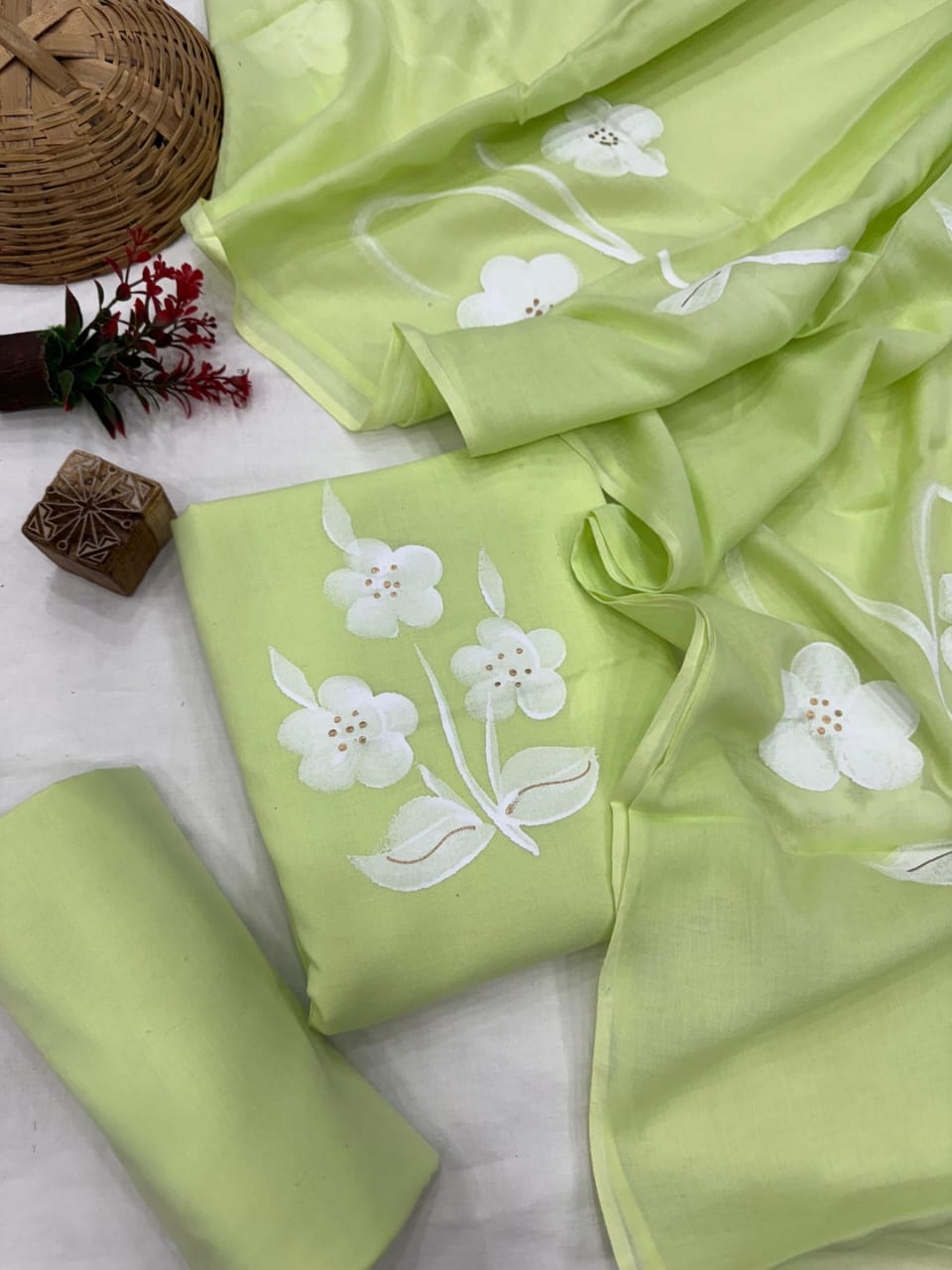 Hand Printed Cotton Suit With Chiffon Dupatta