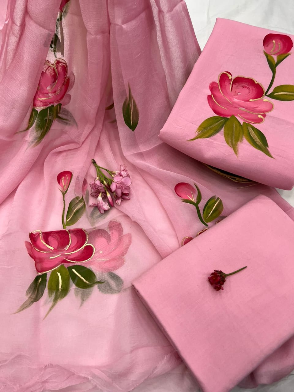 Hand Printed Cotton Suit With Chiffon Dupatta
