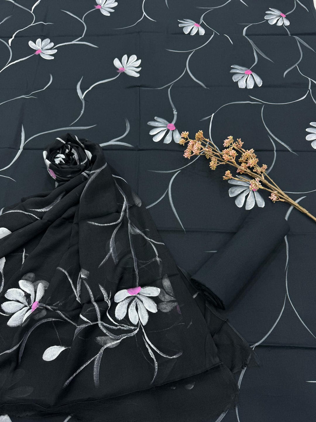 Hand Printed Cotton Suit With Chiffon Dupatta